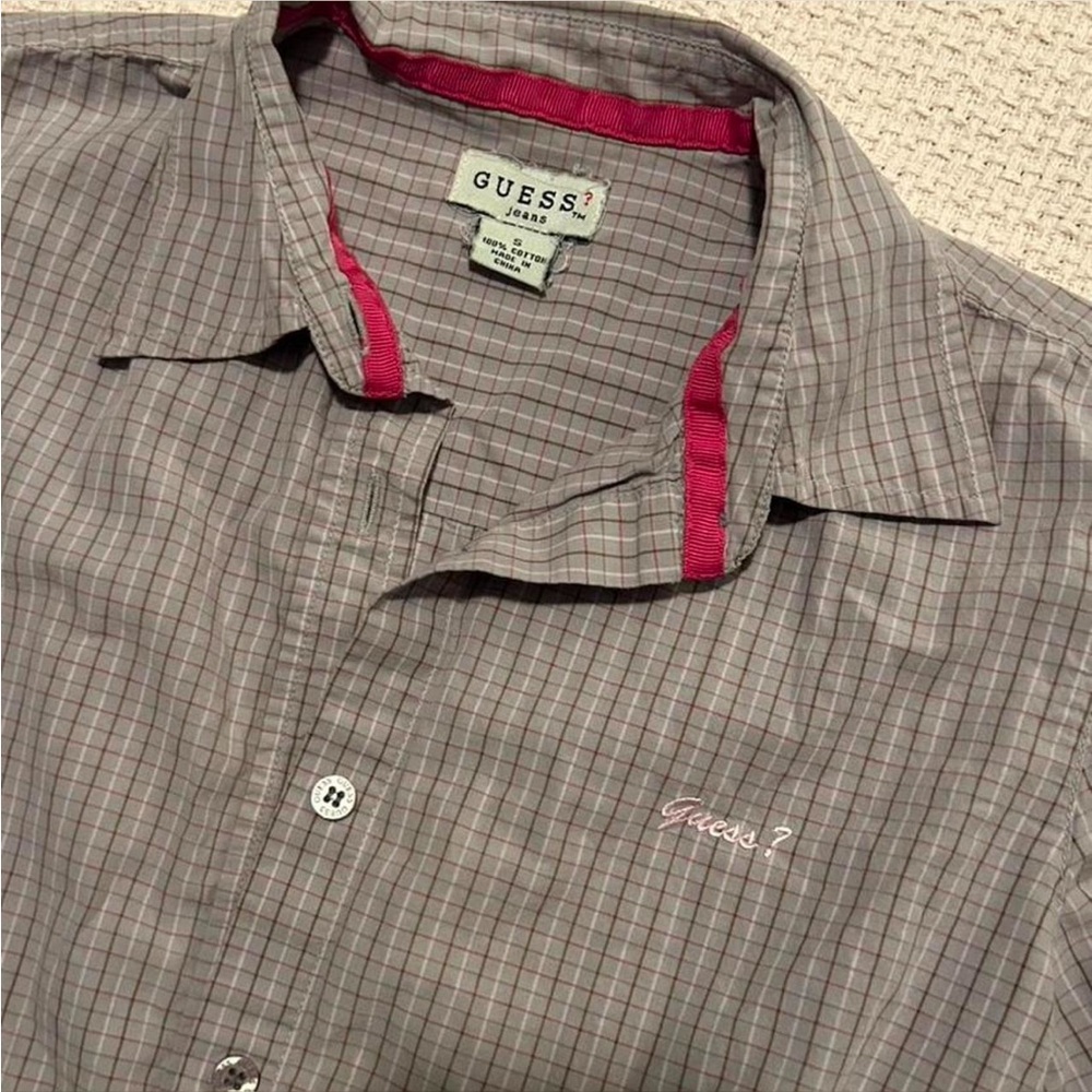 GUESS women’s Grey Purplish and Pink Plaid Shirt